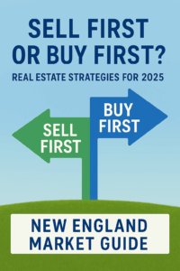 Sell first or buy first decision guide for New England real estate market 2025, featuring two directional arrows under a blue sky.