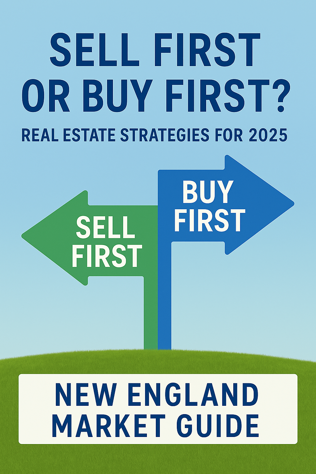 Sell first or buy first decision guide for New England real estate market 2025, featuring two directional arrows under a blue sky.