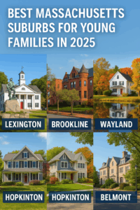 A promotional collage titled “Best Boston Suburbs for Young Families in 2025,” featuring labeled photos of five towns: Lexington, Brookline, Wayland, Hopkinton, and Belmont. Each image showcases a residential or landmark scene representing the family-friendly character of each suburb.
