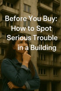 A concerned young woman in a denim jacket stands in front of a deteriorating apartment building. Bold white text over the image reads: "Before You Buy: How to Spot Serious Trouble in a Building.