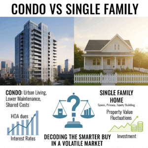 Condo vs single family visual comparison showing a modern high-rise condominium beside a charming single family house with lawn. Infographic highlights key benefits: condos offer urban living and low maintenance; single-family homes provide space, privacy, and long-term investment potential. Includes icons for HOA fees, interest rates, and property value fluctuations, with the title “Condo vs Single Family: Decoding the Smarter Buy in a Volatile Market.
