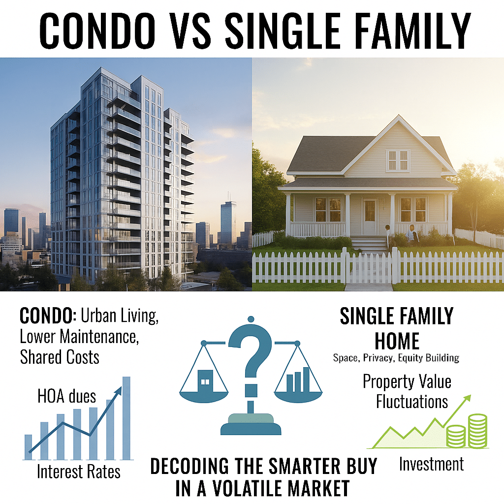Condo vs single family visual comparison showing a modern high-rise condominium beside a charming single family house with lawn. Infographic highlights key benefits: condos offer urban living and low maintenance; single-family homes provide space, privacy, and long-term investment potential. Includes icons for HOA fees, interest rates, and property value fluctuations, with the title “Condo vs Single Family: Decoding the Smarter Buy in a Volatile Market.
