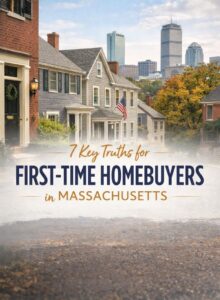 "Promotional blog image titled ‘7 Essential Truths Every First-Time Homebuyer in Massachusetts Should Know’. Features a variety of Massachusetts home styles including coastal, suburban, and wooded areas. Blue and yellow color scheme with key icons and wooden floor texture emphasizing local housing tips for first-time buyers."