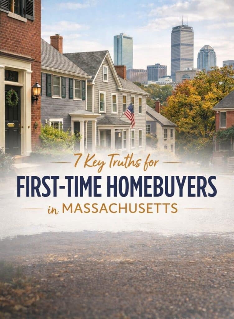 Promotional blog image titled ‘7 Essential Truths Every First-Time Homebuyer in Massachusetts Should Know’. Features a variety of Massachusetts home styles including coastal, suburban, and wooded areas. Blue and yellow color scheme with key icons and wooden floor texture emphasizing local housing tips for first-time buyers.